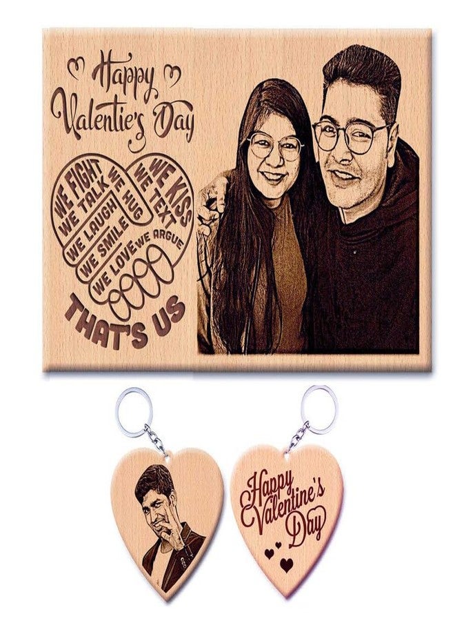 GFTBX Personalized Wooden Engraved Photo Frame and Keychain Combo | Custom Photo & Name Gift for Valentine’s Day | Romantic Couple Gift for Him & Her - Image 1